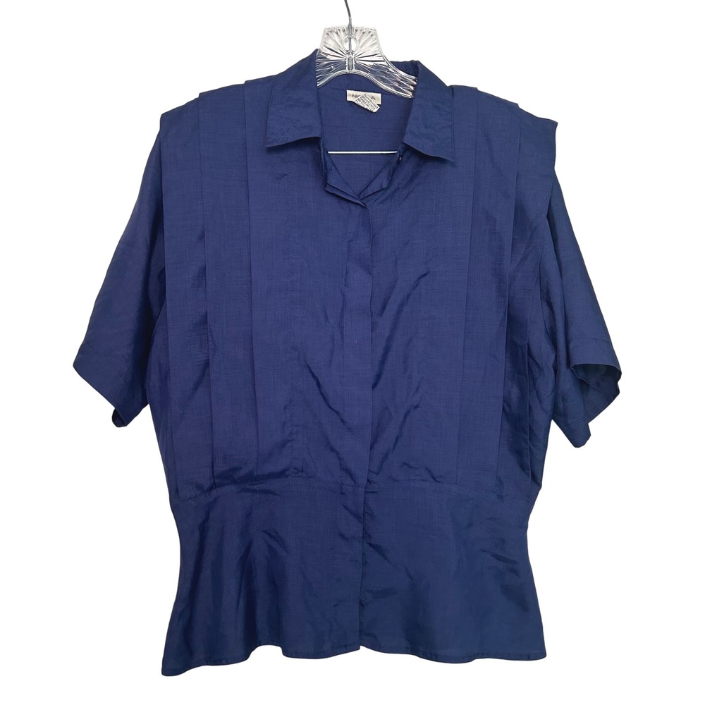 Nicola Vintage 80s Navy Blue Pleated Short Sleeve Blouse Top Size 12 Classic
